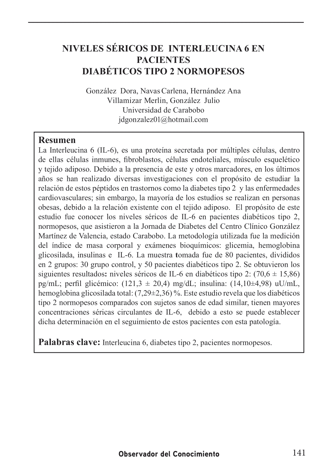 niveles séricos de IL-6 en pacientes diabéticos tipo 2